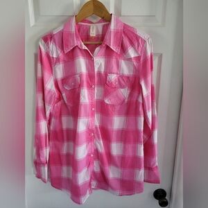 No Boundaries Pink and White Plaid Button-Up Shirt